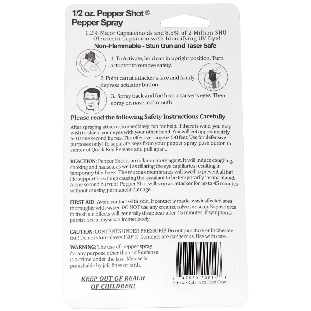 Pepper Shot 1.2% MC 1/2 oz pepper spray hard case belt clip and quick release keychain red view 2